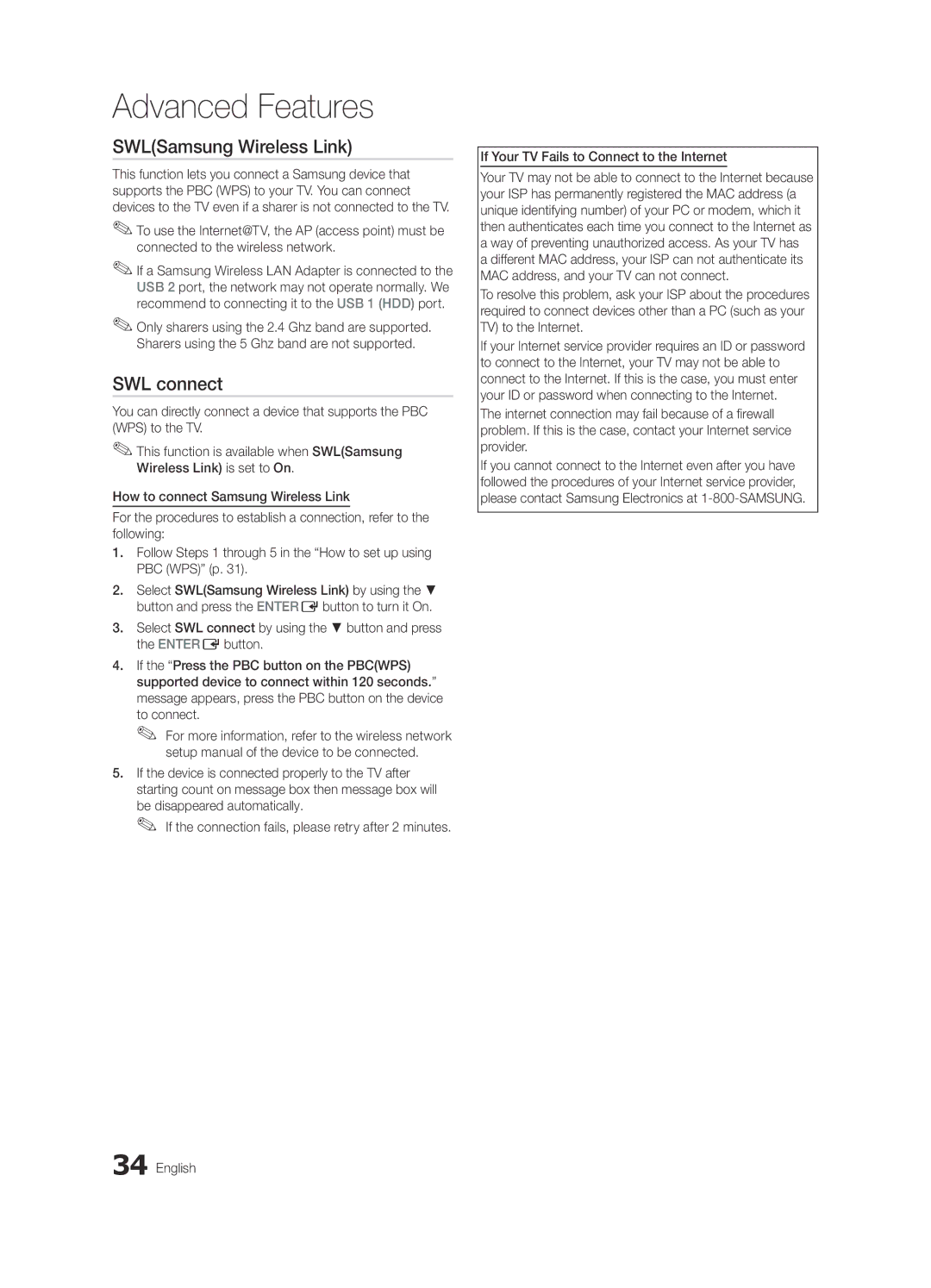 Samsung UE32C8790XSXZG, UE32C8700XSXXN SWLSamsung Wireless Link, SWL connect, To connect, Be disappeared automatically 