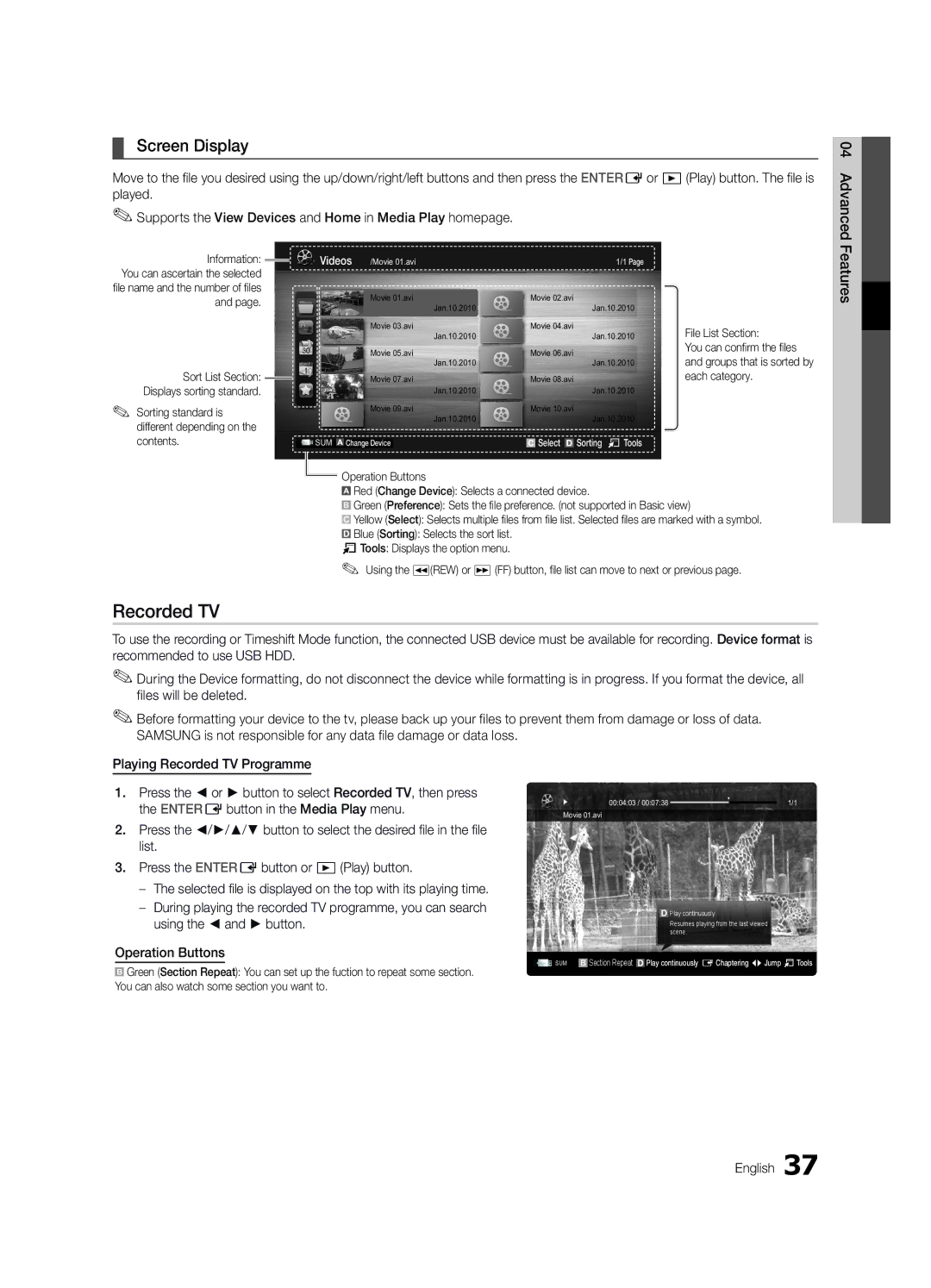 Samsung UE32C8790XSXZG, UE32C8700XSXXN, UE32C8780XSXZG manual Screen Display, Features, Operation Buttons, File List Section 