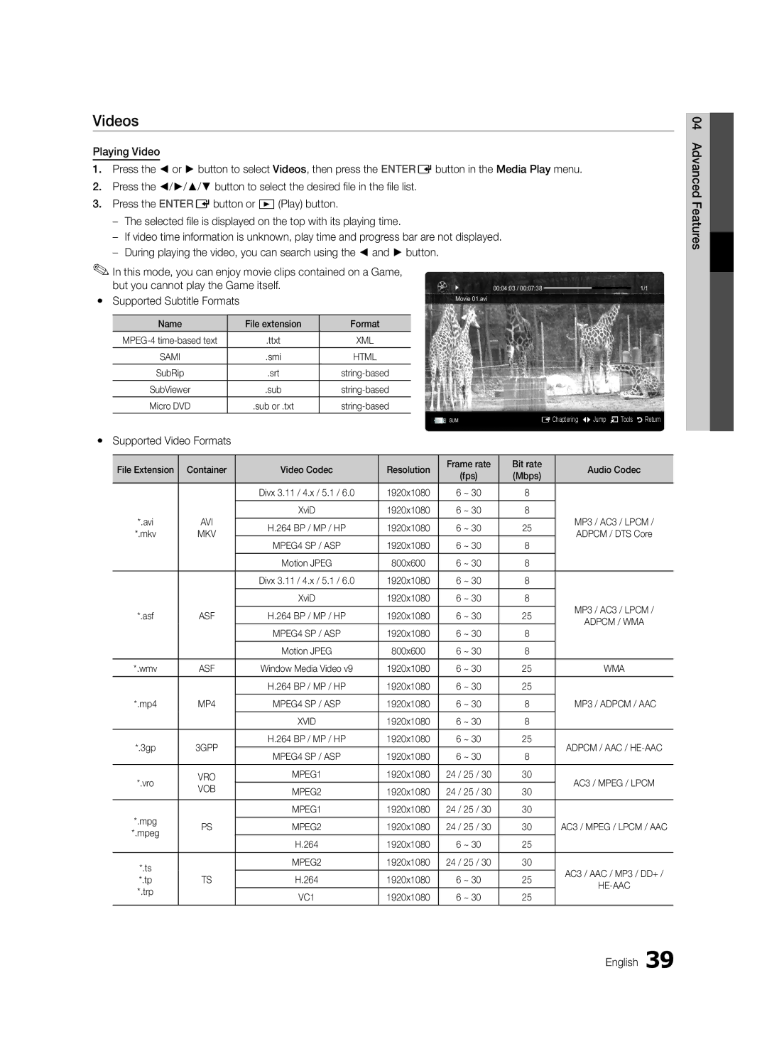 Samsung UE32C8700XSXXN, UE32C8790XSXZG, UE32C8780XSXZG manual Videos, Supported Video Formats 