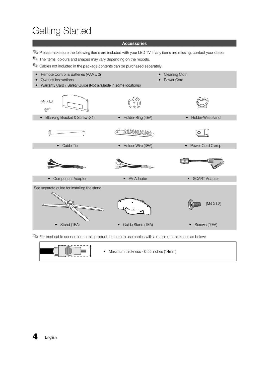 Samsung UE32C8790XSXZG, UE32C8700XSXXN manual Getting Started, Accessories, Yy Blanking Bracket & Screw Yy Holder-Ring 4EA 