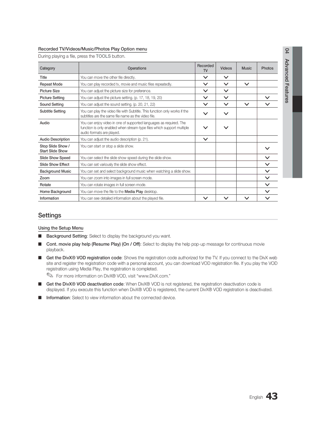 Samsung UE32C8790XSXZG, UE32C8700XSXXN Settings, Recorded TV/Videos/Music/Photos Play Option menu, Press the Tools button 