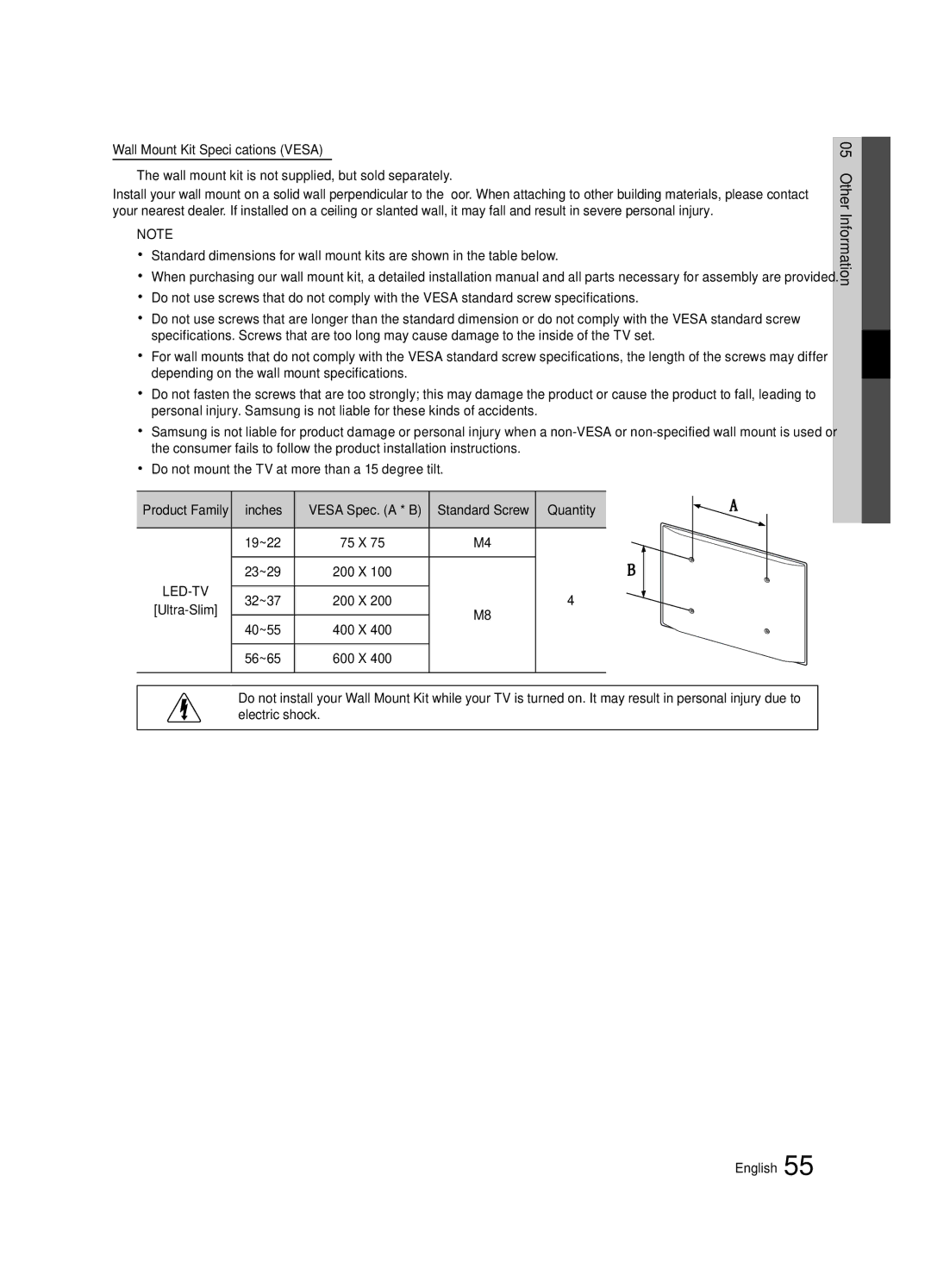 Samsung UE32C8790XSXZG, UE32C8700XSXXN, UE32C8780XSXZG manual Inches, Quantity, 19~22, 23~29, 32~37, 40~55, 56~65 