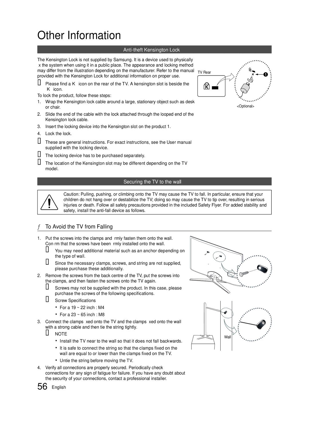 Samsung UE32C8780XSXZG manual To Avoid the TV from Falling, Anti-theft Kensington Lock, Securing the TV to the wall 