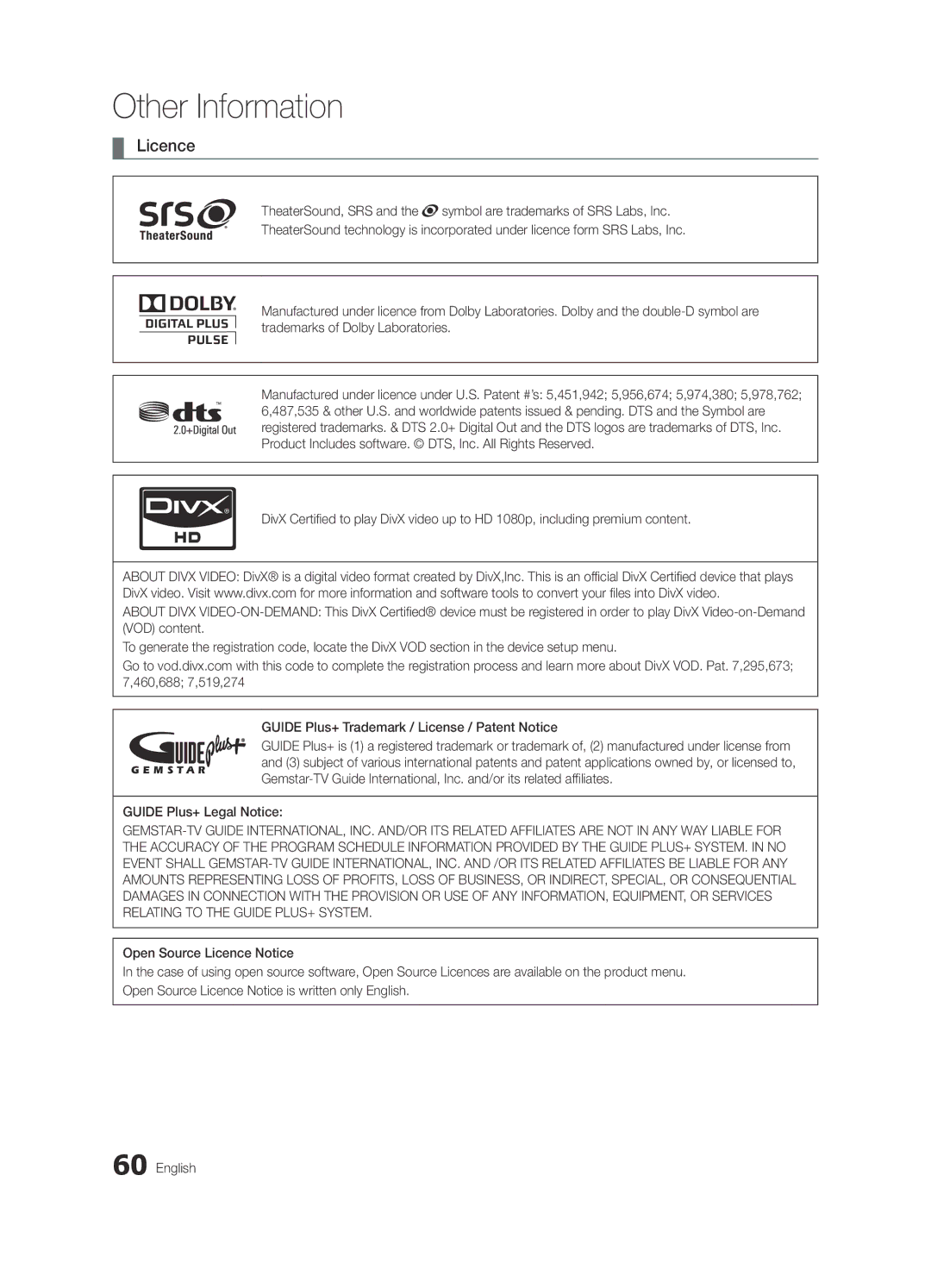 Samsung UE32C8700XSXXN, UE32C8790XSXZG, UE32C8780XSXZG manual Licence, Guide Plus+ Legal Notice 