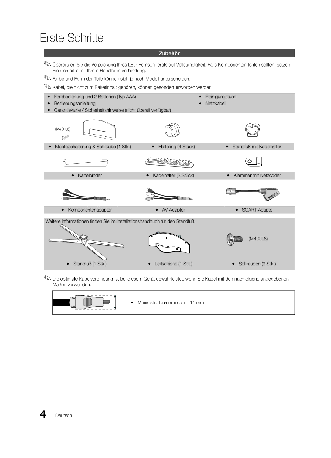 Samsung UE32C8700XSXXN, UE32C8790XSXZG, UE32C8780XSXZG manual Erste Schritte, Zubehör 