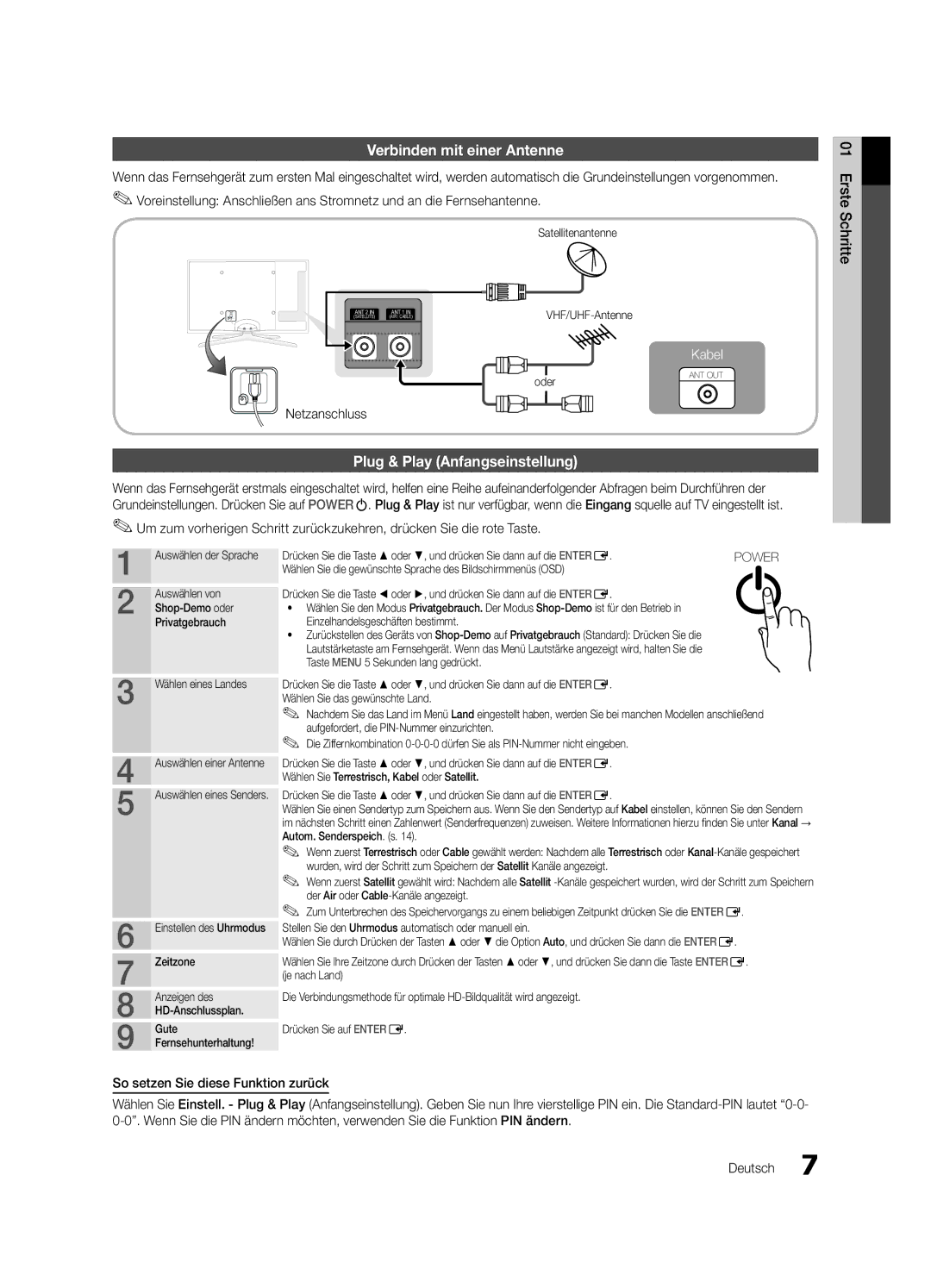 Samsung UE32C8700XSXXN, UE32C8790XSXZG manual Verbinden mit einer Antenne, Plug & Play Anfangseinstellung, Netzanschluss 