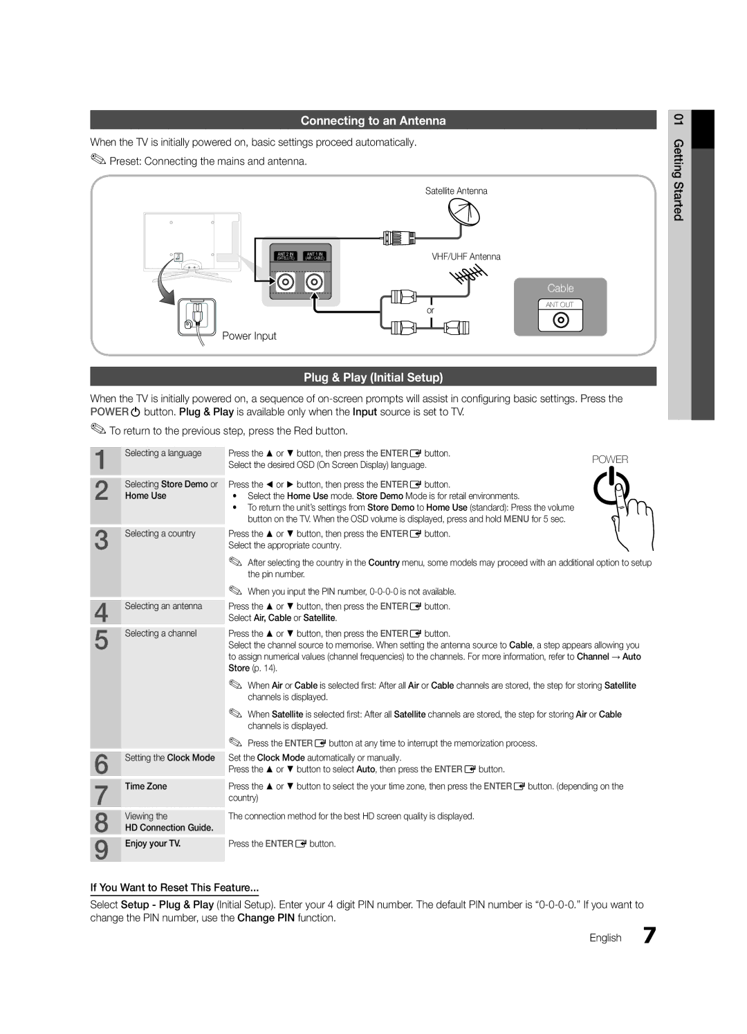 Samsung UE32C8790XSXZG, UE32C8700XSXXN, UE32C8780XSXZG Connecting to an Antenna, Plug & Play Initial Setup, Power Input 