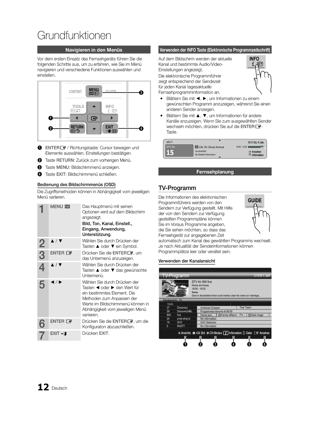 Samsung UE32C8780XSXZG, UE32C8700XSXXN manual Grundfunktionen, TV-Programm, Navigieren in den Menüs, Fernsehplanung 