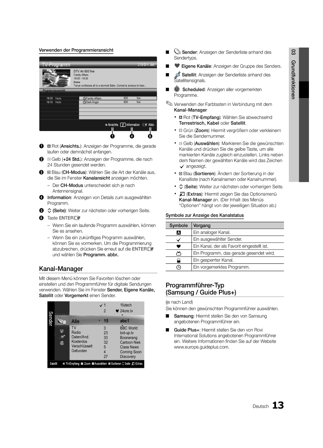 Samsung UE32C8700XSXXN manual Kanal-Manager, Programmführer-Typ Samsung / Guide Plus+, Verwenden der Programmieransicht 