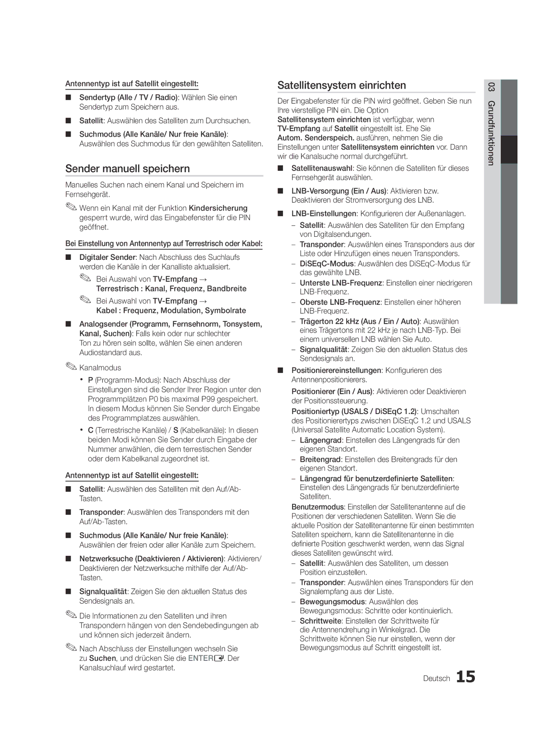 Samsung UE32C8780XSXZG, UE32C8700XSXXN manual Sender manuell speichern, Satellitensystem einrichten, Deutsch Grundfunktionen 