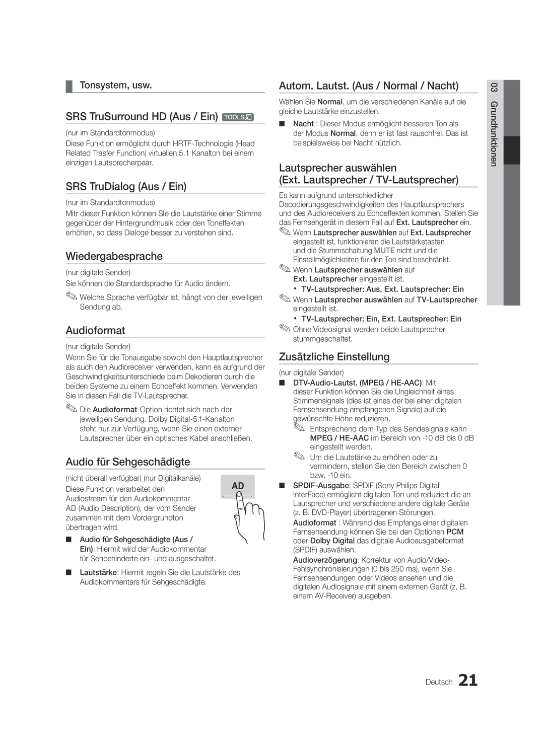 Samsung UE32C8780XSXZG manual SRS TruSurround HD Aus / Ein t, SRS TruDialog Aus / Ein, Wiedergabesprache, Audioformat 