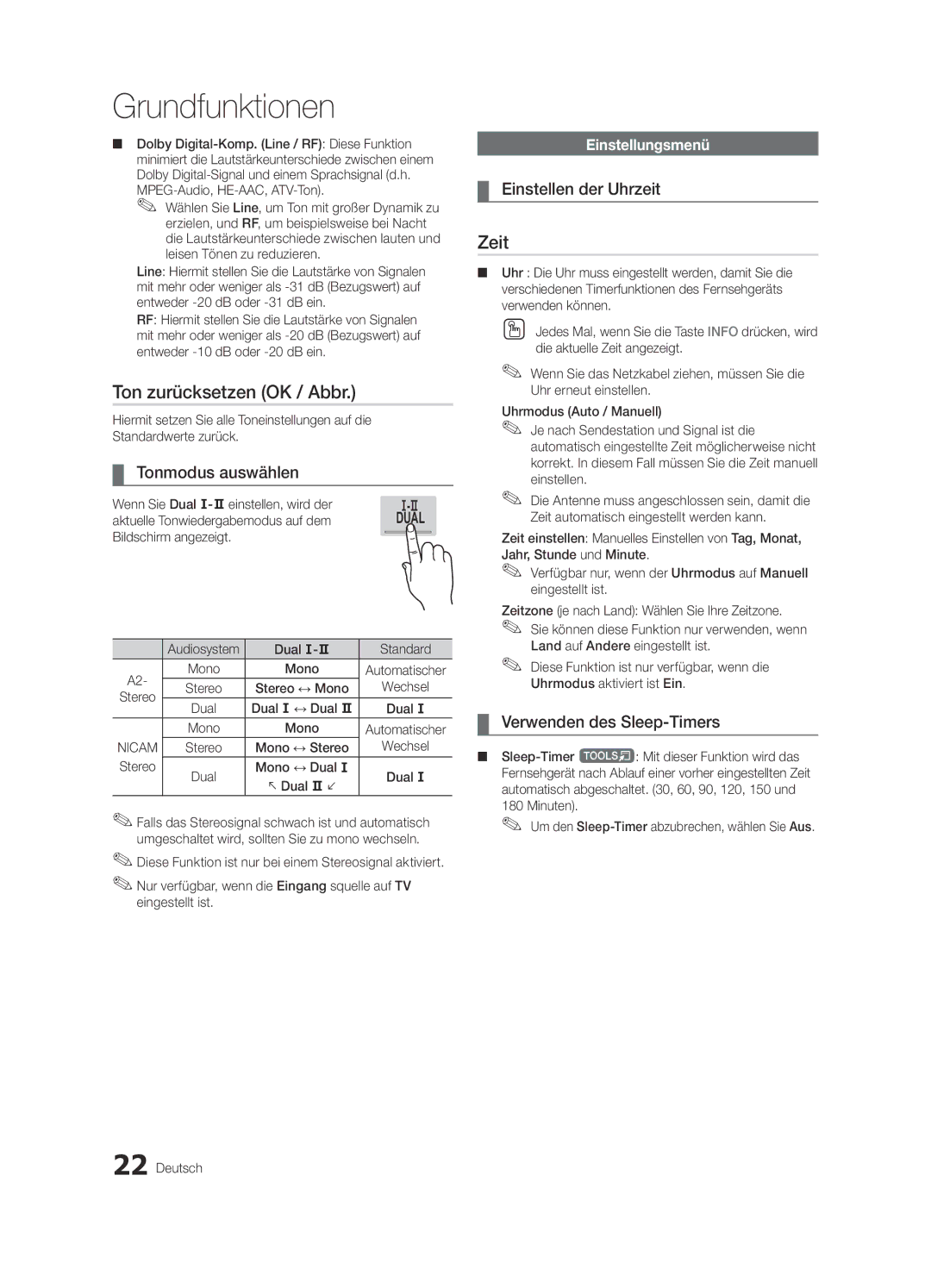 Samsung UE32C8700XSXXN, UE32C8790XSXZG manual Ton zurücksetzen OK / Abbr, Zeit, Tonmodus auswählen, Einstellen der Uhrzeit 