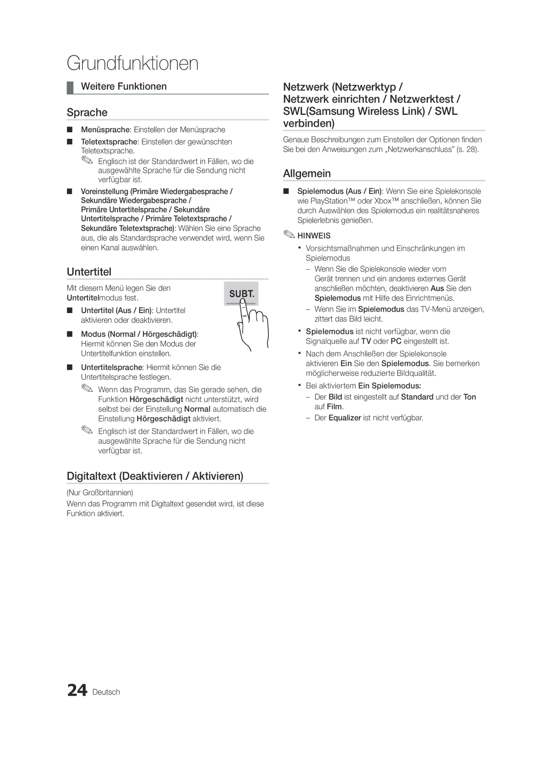 Samsung UE32C8780XSXZG, UE32C8700XSXXN manual Sprache, Untertitel, Digitaltext Deaktivieren / Aktivieren, Allgemein 