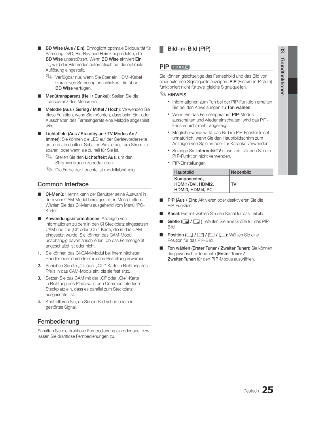 Samsung UE32C8700XSXXN, UE32C8790XSXZG, UE32C8780XSXZG manual Fernbedienung, Bild-im-Bild PIP 