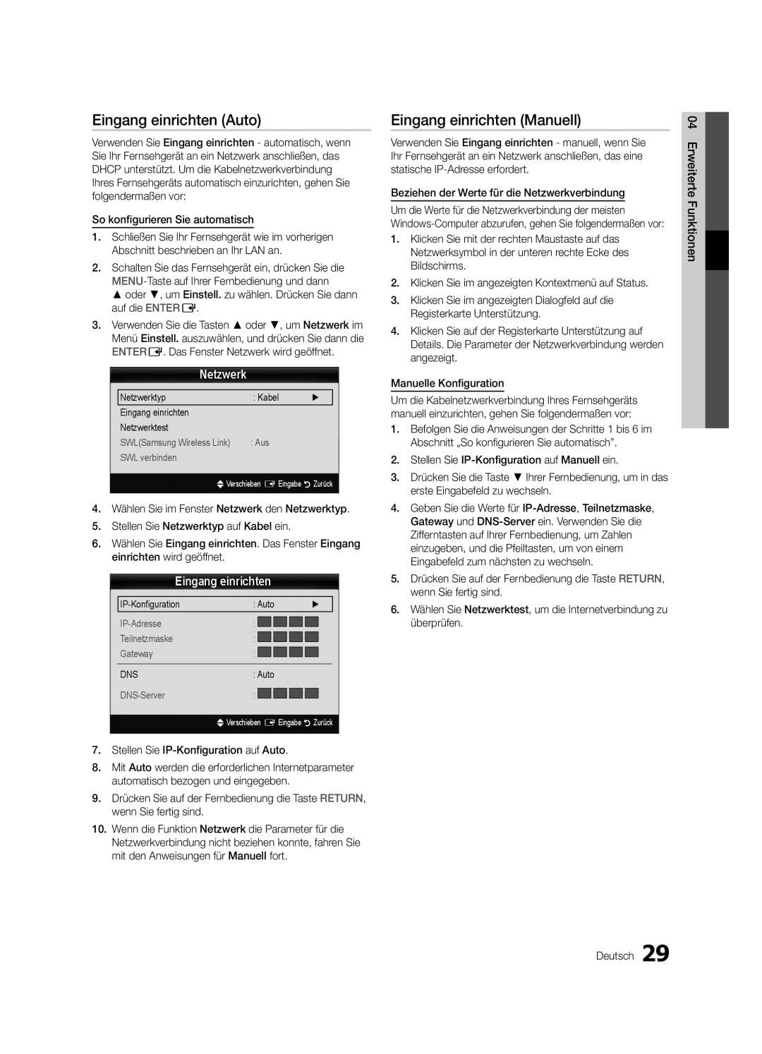 Samsung UE32C8790XSXZG, UE32C8700XSXXN, UE32C8780XSXZG manual Eingang einrichten Auto, Eingang einrichten Manuell, Netzwerk 