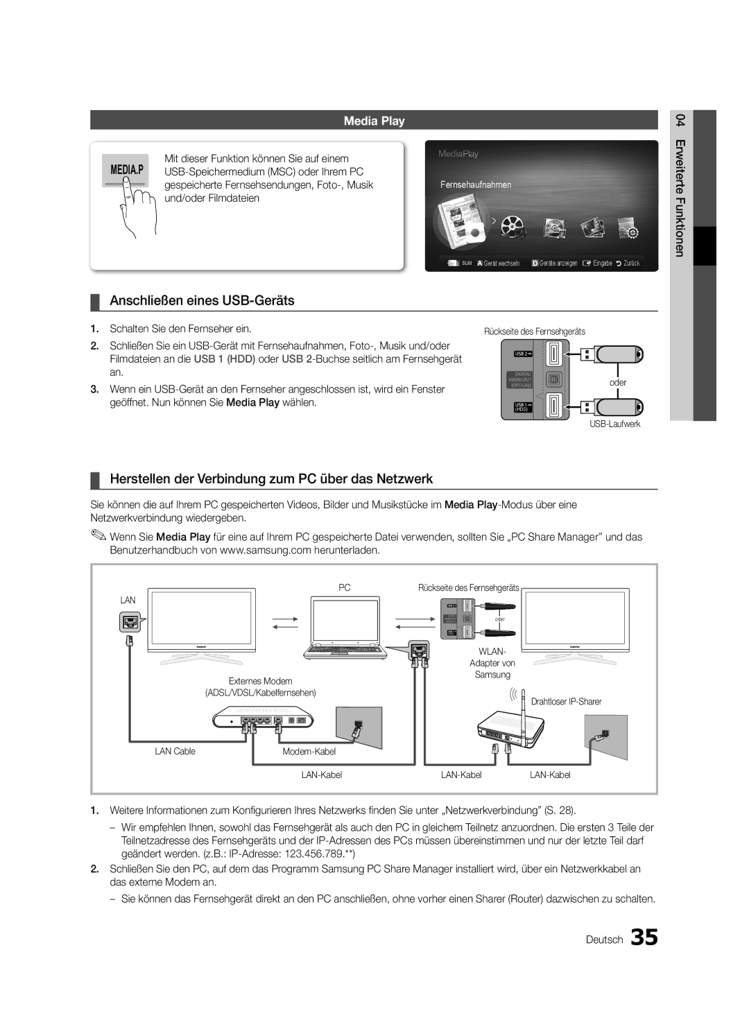 Samsung UE32C8790XSXZG Anschließen eines USB-Geräts, Herstellen der Verbindung zum PC über das Netzwerk, USB-Laufwerk 