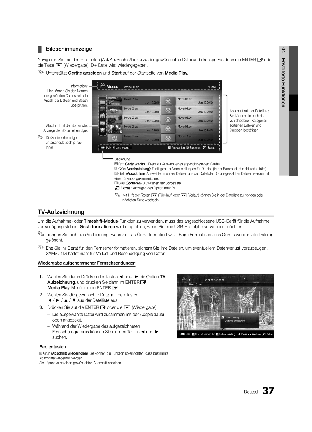 Samsung UE32C8700XSXXN, UE32C8790XSXZG, UE32C8780XSXZG manual TV-Aufzeichnung, Bildschirmanzeige, Funktionen 