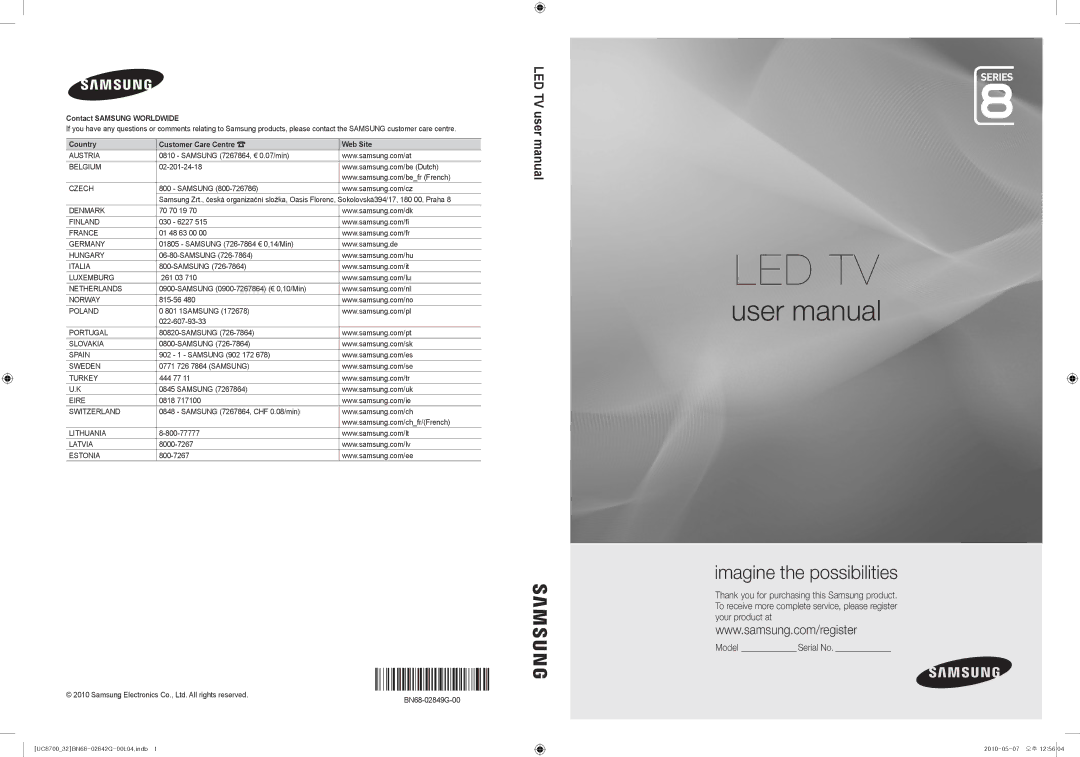 Samsung UE65C8700XSXZF, UE32C8700XSXXN, UE32C8700XSXZF manual Led Tv, BN68-02849G-00 