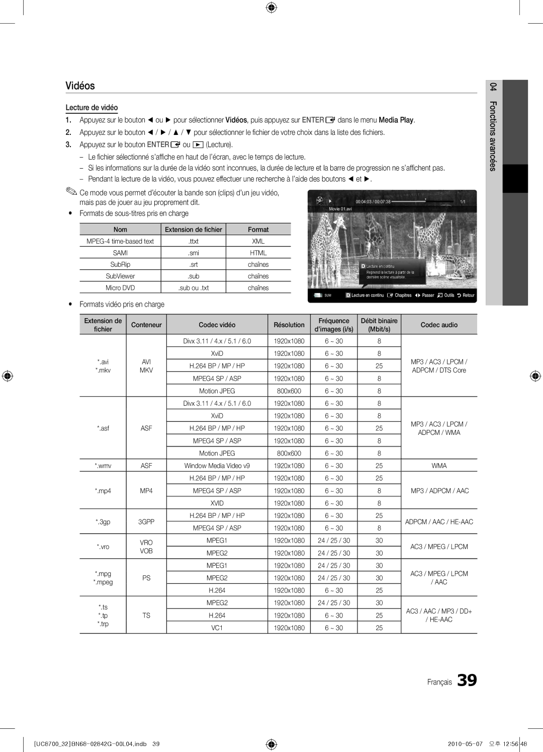 Samsung UE32C8700XSXZF manual Vidéos, Mais pas de jouer au jeu proprement dit, Yy Formats de sous-titres pris en charge 