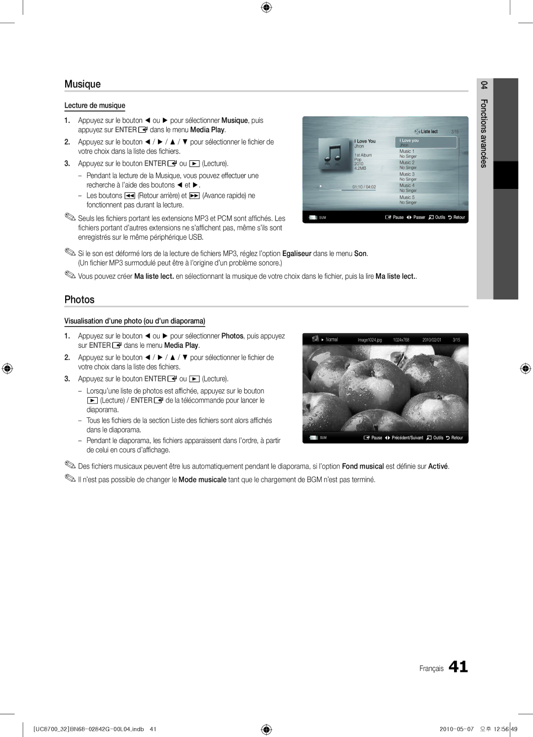 Samsung UE65C8700XSXZF, UE32C8700XSXXN, UE32C8700XSXZF manual Musique 