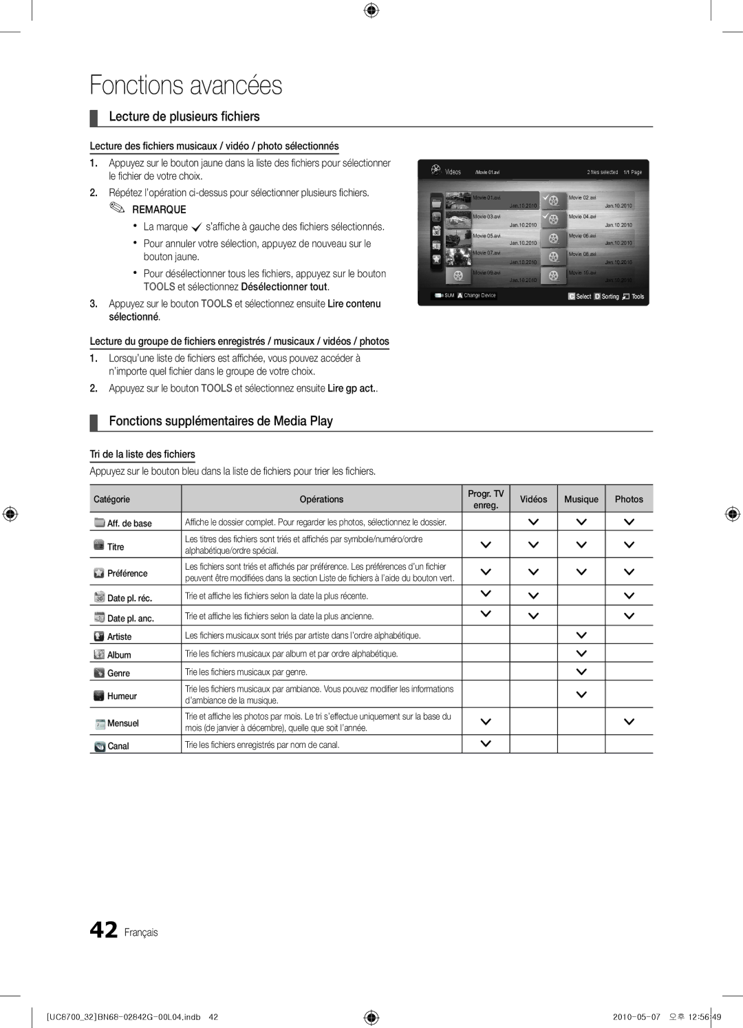 Samsung UE32C8700XSXZF, UE32C8700XSXXN manual Lecture de plusieurs fichiers, Fonctions supplémentaires de Media Play 