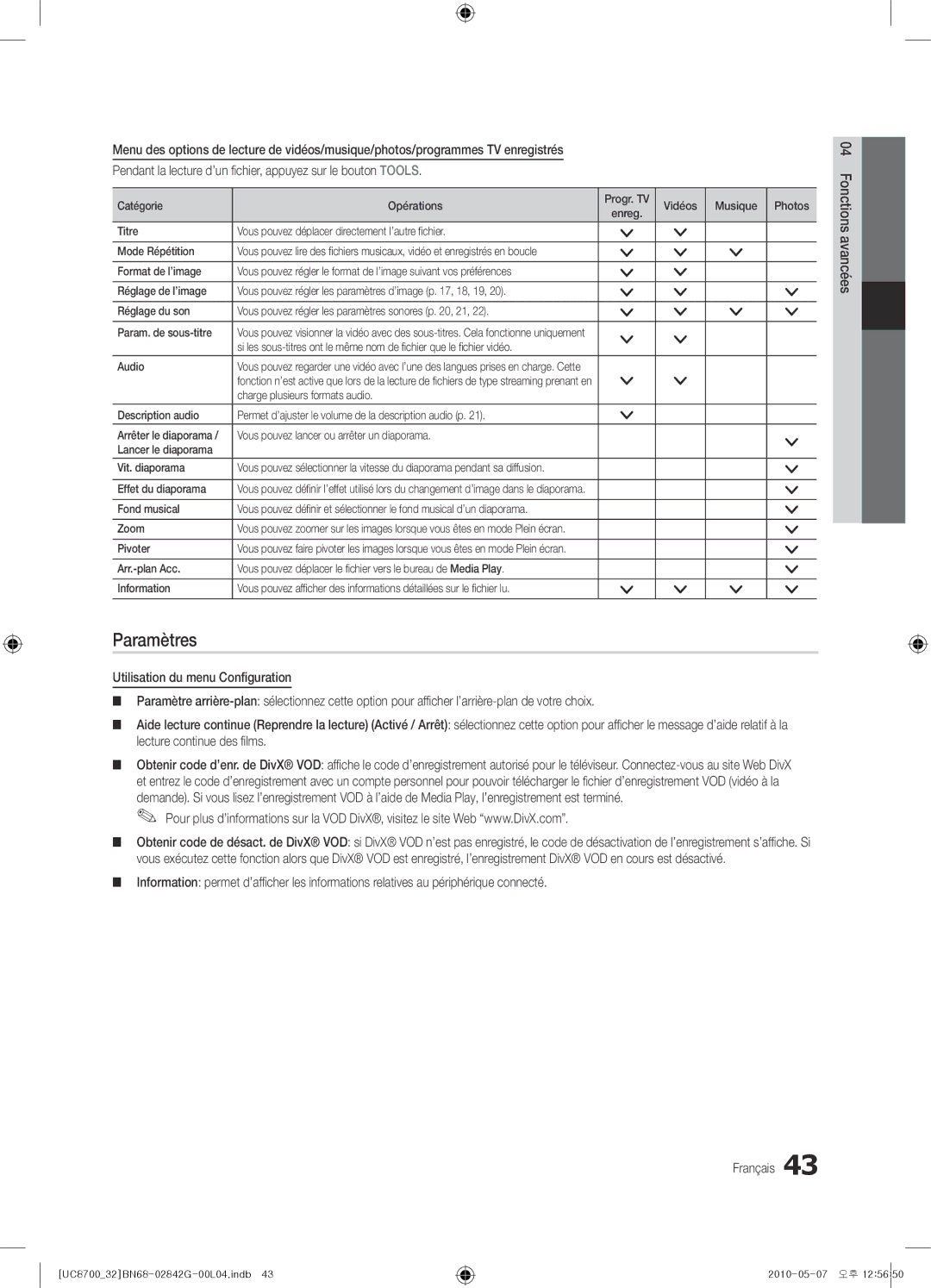 Samsung UE32C8700XSXXN, UE65C8700XSXZF, UE32C8700XSXZF manual Paramètres, Lecture continue des films 