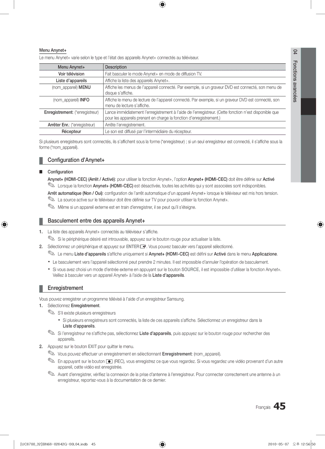 Samsung UE32C8700XSXZF, UE32C8700XSXXN Configuration d’Anynet+, Basculement entre des appareils Anynet+, Enregistrement 