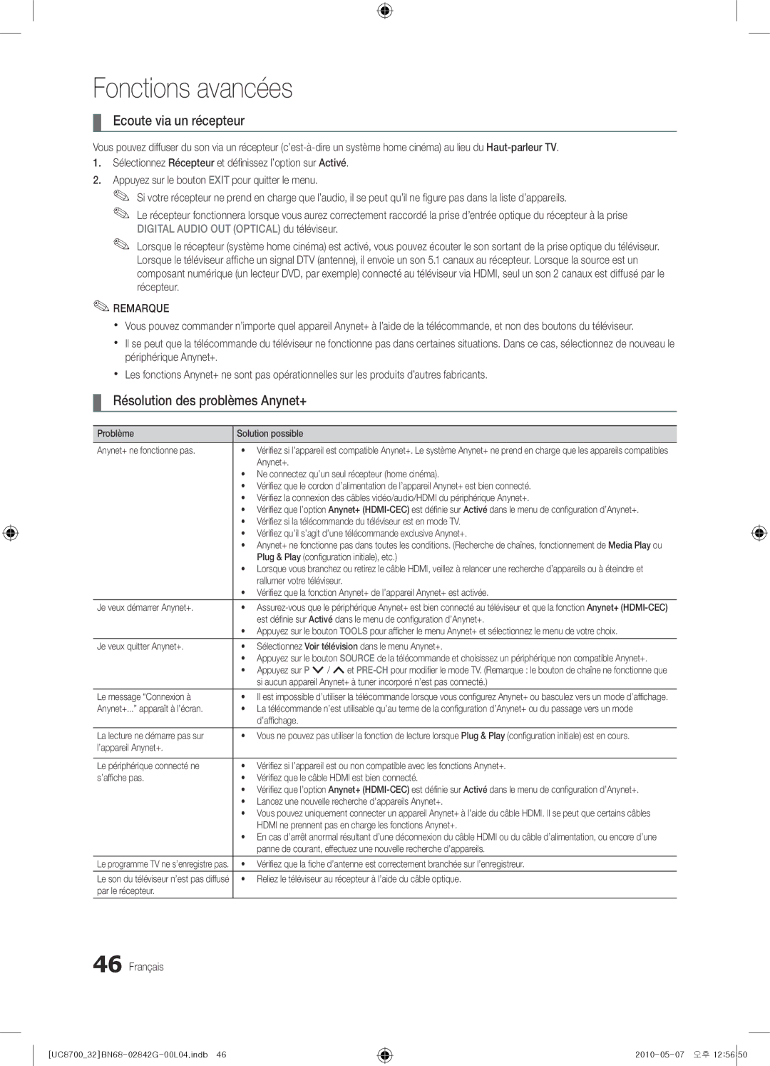 Samsung UE32C8700XSXXN, UE65C8700XSXZF, UE32C8700XSXZF manual Ecoute via un récepteur, Résolution des problèmes Anynet+ 