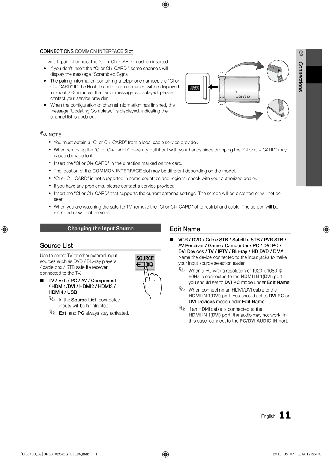 Samsung UE32C8700XSXZF manual Source List, Edit Name, Changing the Input Source, Use to select TV or other external input 