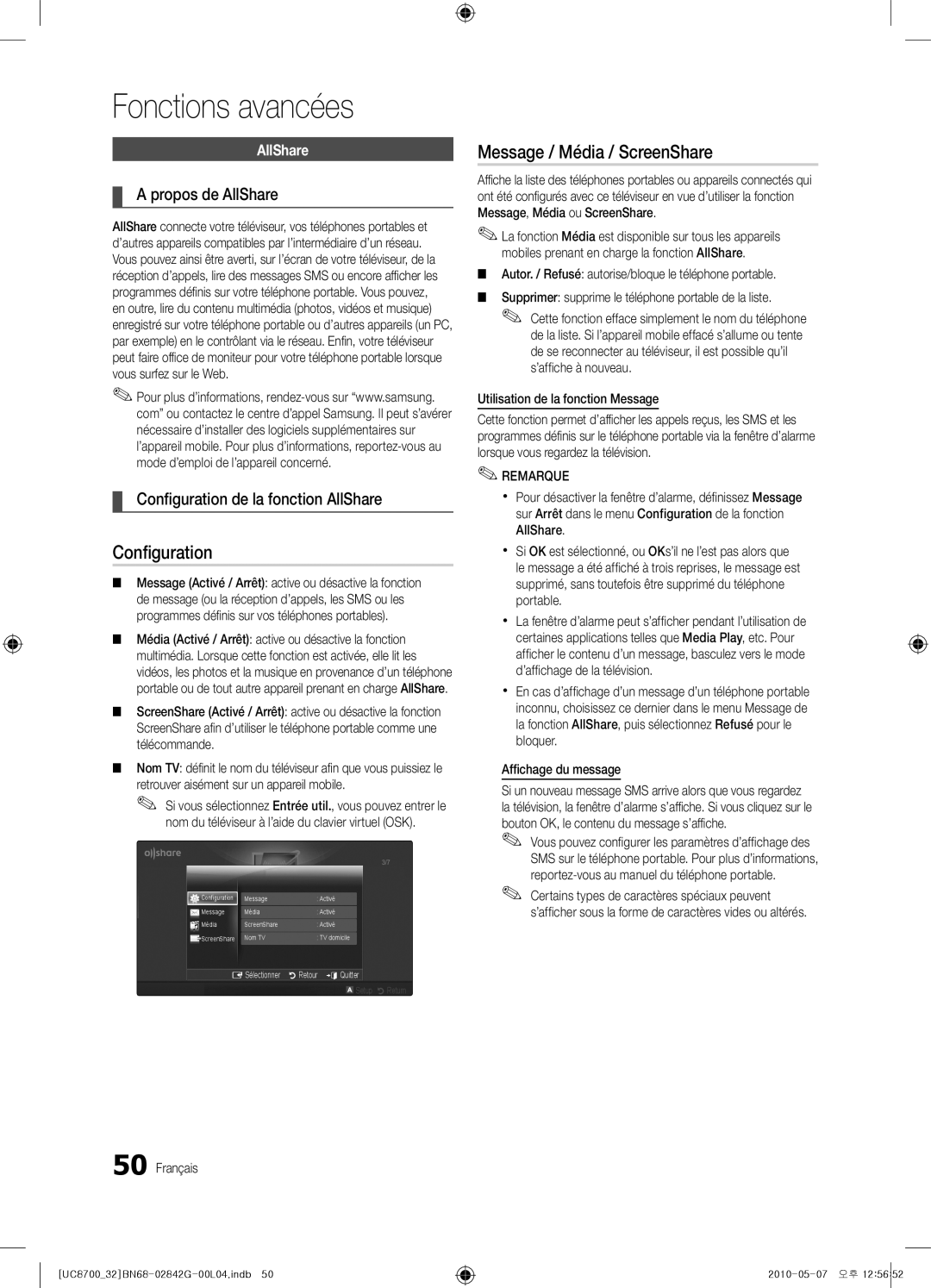 Samsung UE65C8700XSXZF manual Message / Média / ScreenShare, Propos de AllShare, Configuration de la fonction AllShare 