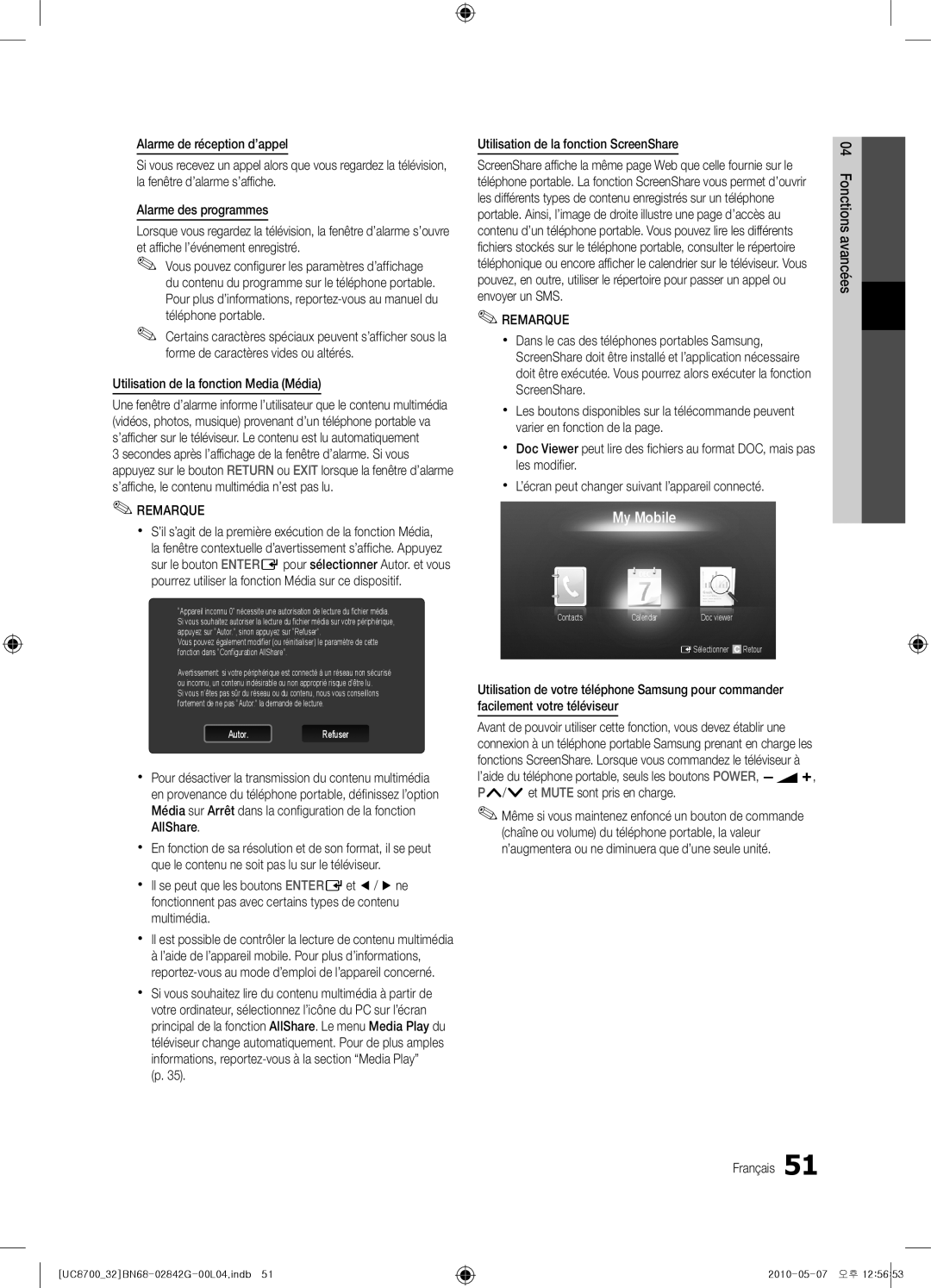 Samsung UE32C8700XSXZF, UE32C8700XSXXN, UE65C8700XSXZF Alarme de réception d’appel, Utilisation de la fonction Media Média 