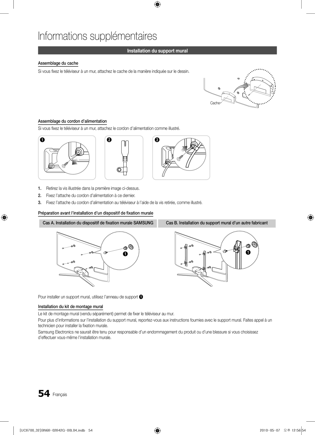 Samsung UE32C8700XSXZF, UE32C8700XSXXN, UE65C8700XSXZF manual Installation du support mural, Cache 