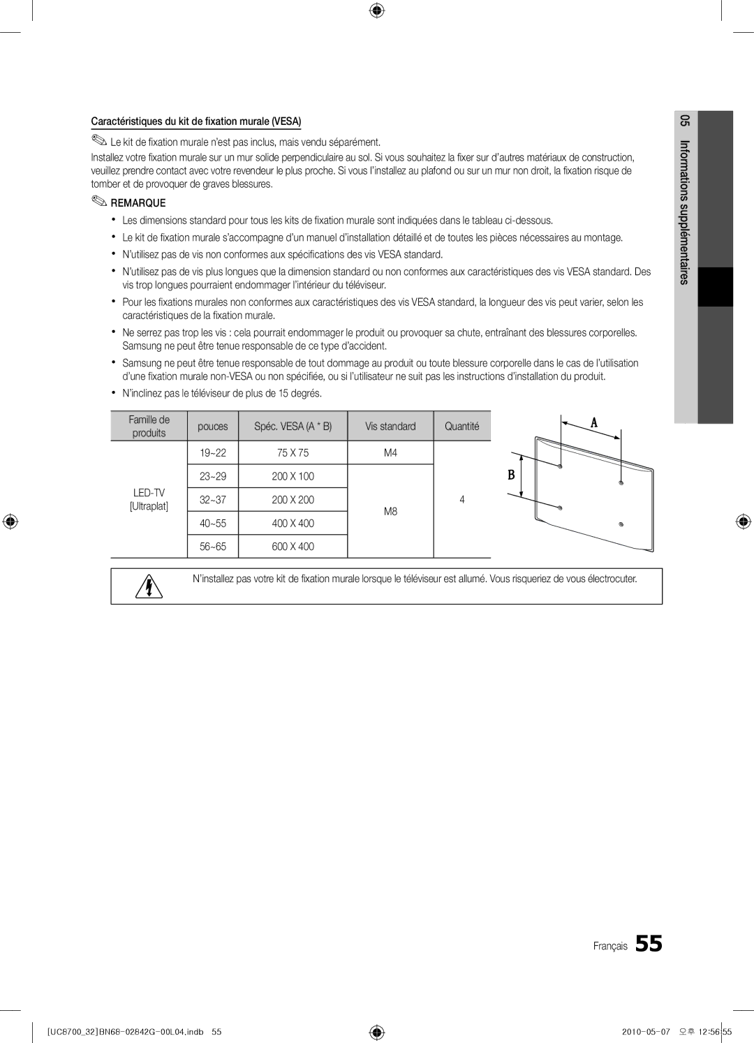 Samsung UE32C8700XSXXN, UE65C8700XSXZF, UE32C8700XSXZF manual Xx N’inclinez pas le téléviseur de plus de 15 degrés, Quantité 