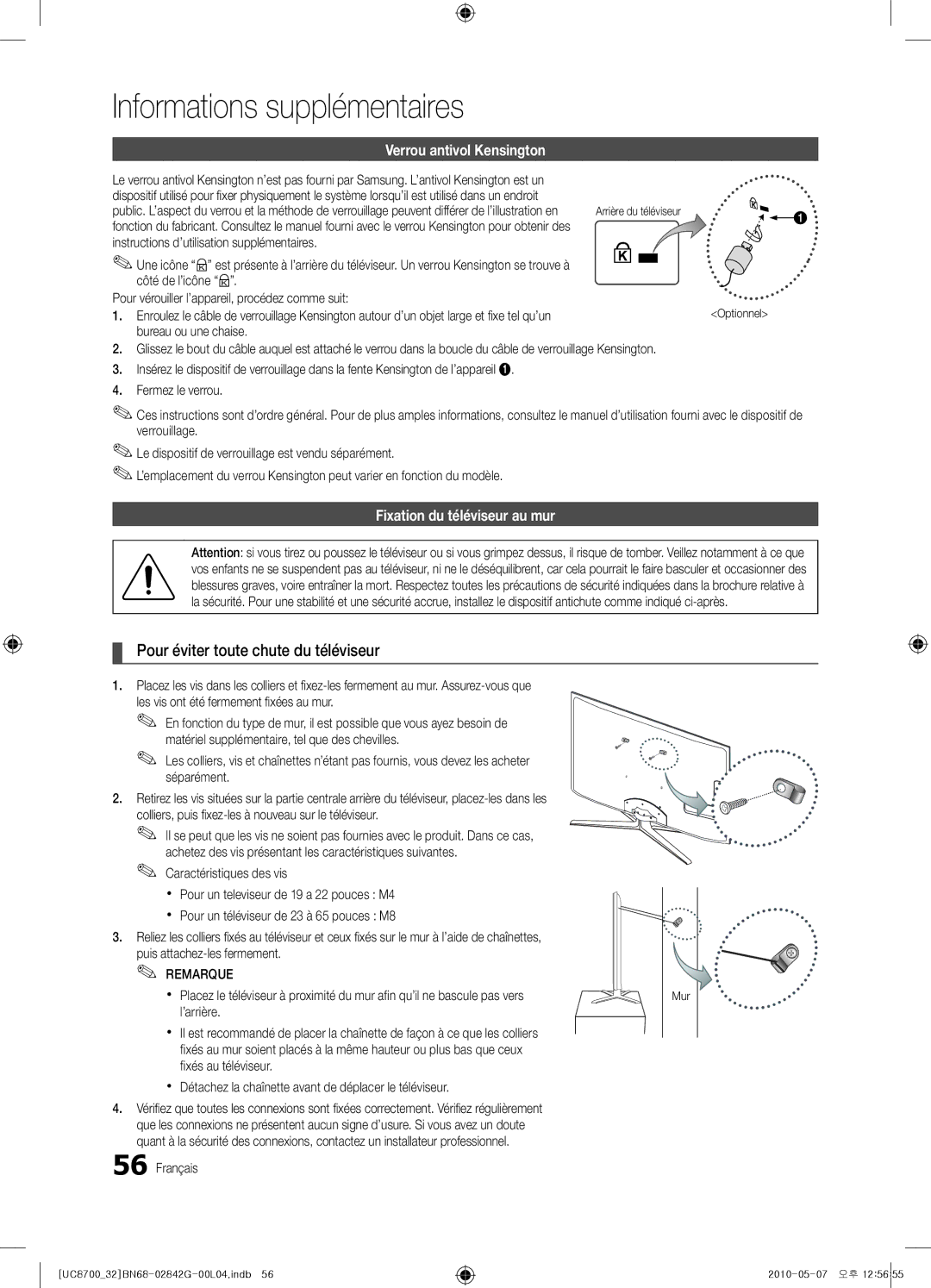 Samsung UE65C8700XSXZF Pour éviter toute chute du téléviseur, Verrou antivol Kensington, Fixation du téléviseur au mur 