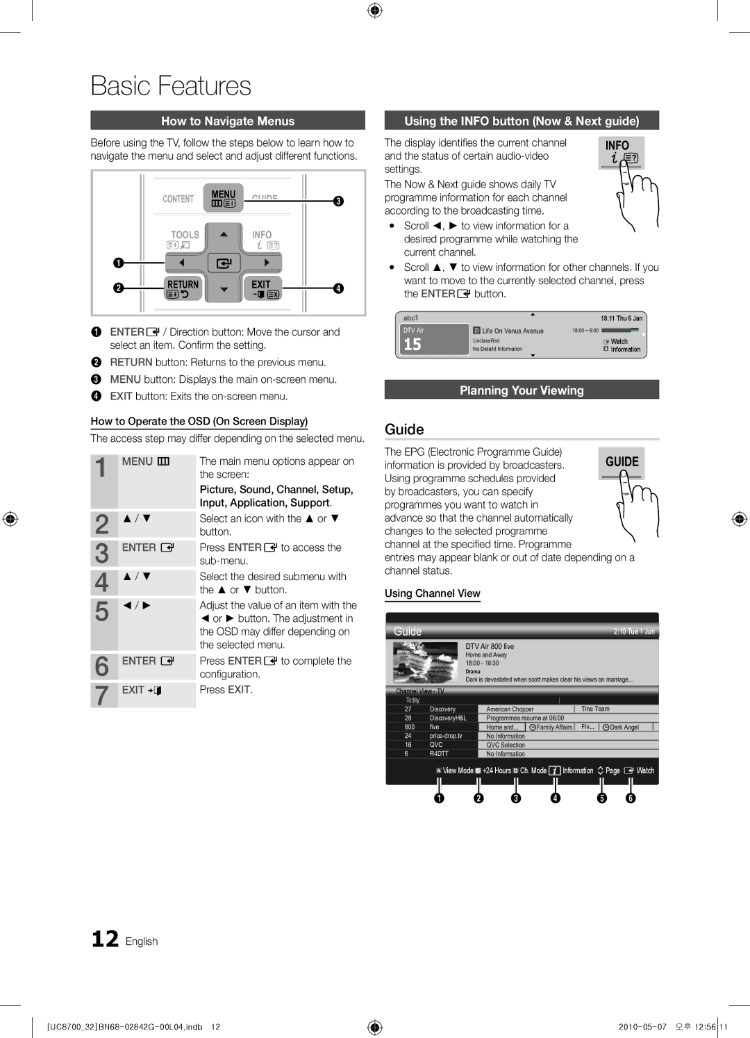 Samsung UE32C8700XSXXN manual Basic Features, Guide, How to Navigate Menus, Using the Info button Now & Next guide 