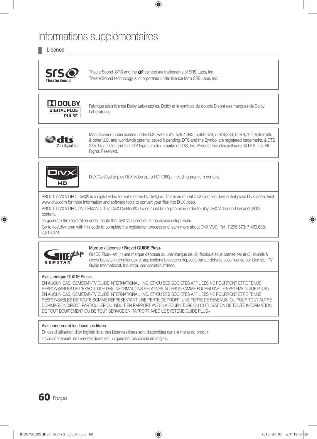 Samsung UE32C8700XSXZF, UE32C8700XSXXN, UE65C8700XSXZF manual Licence, Avis juridique Guide Plus+ 