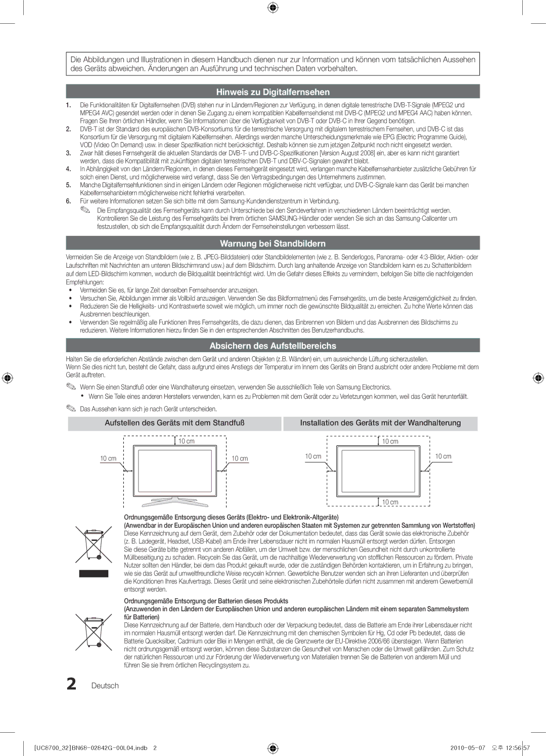 Samsung UE32C8700XSXXN, UE65C8700XSXZF Absichern des Aufstellbereichs, Aufstellen des Geräts mit dem Standfuß, Deutsch 