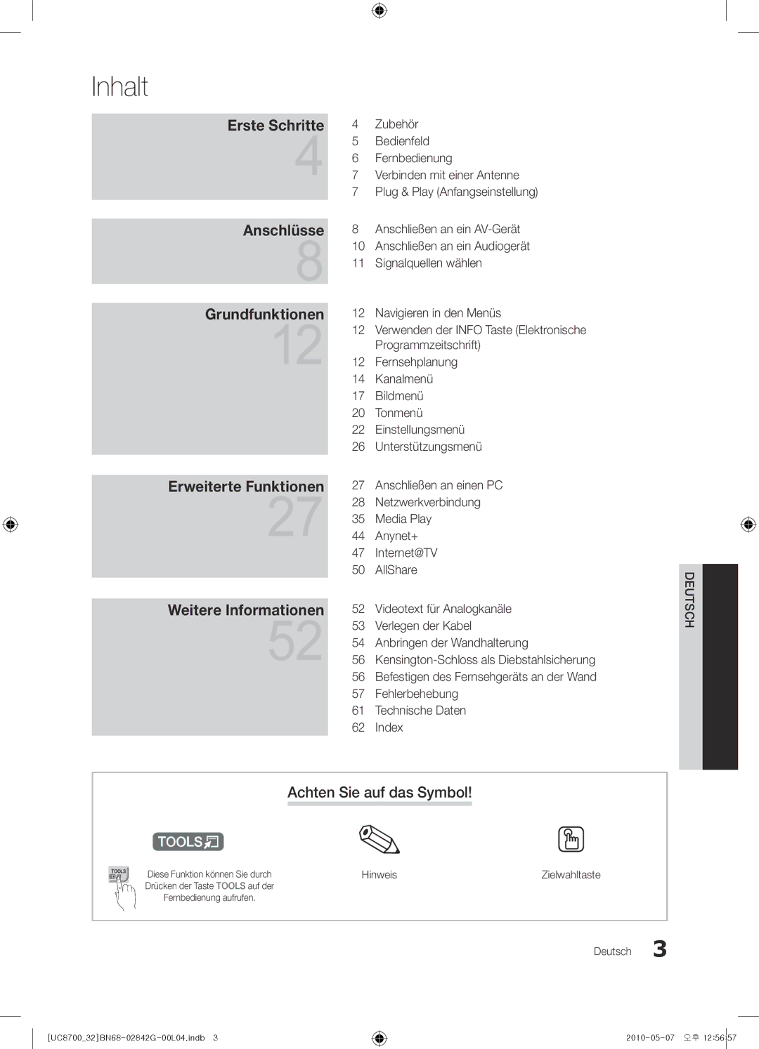 Samsung UE65C8700XSXZF, UE32C8700XSXXN, UE32C8700XSXZF manual Inhalt, Achten Sie auf das Symbol, Hinweis, Zielwahltaste 
