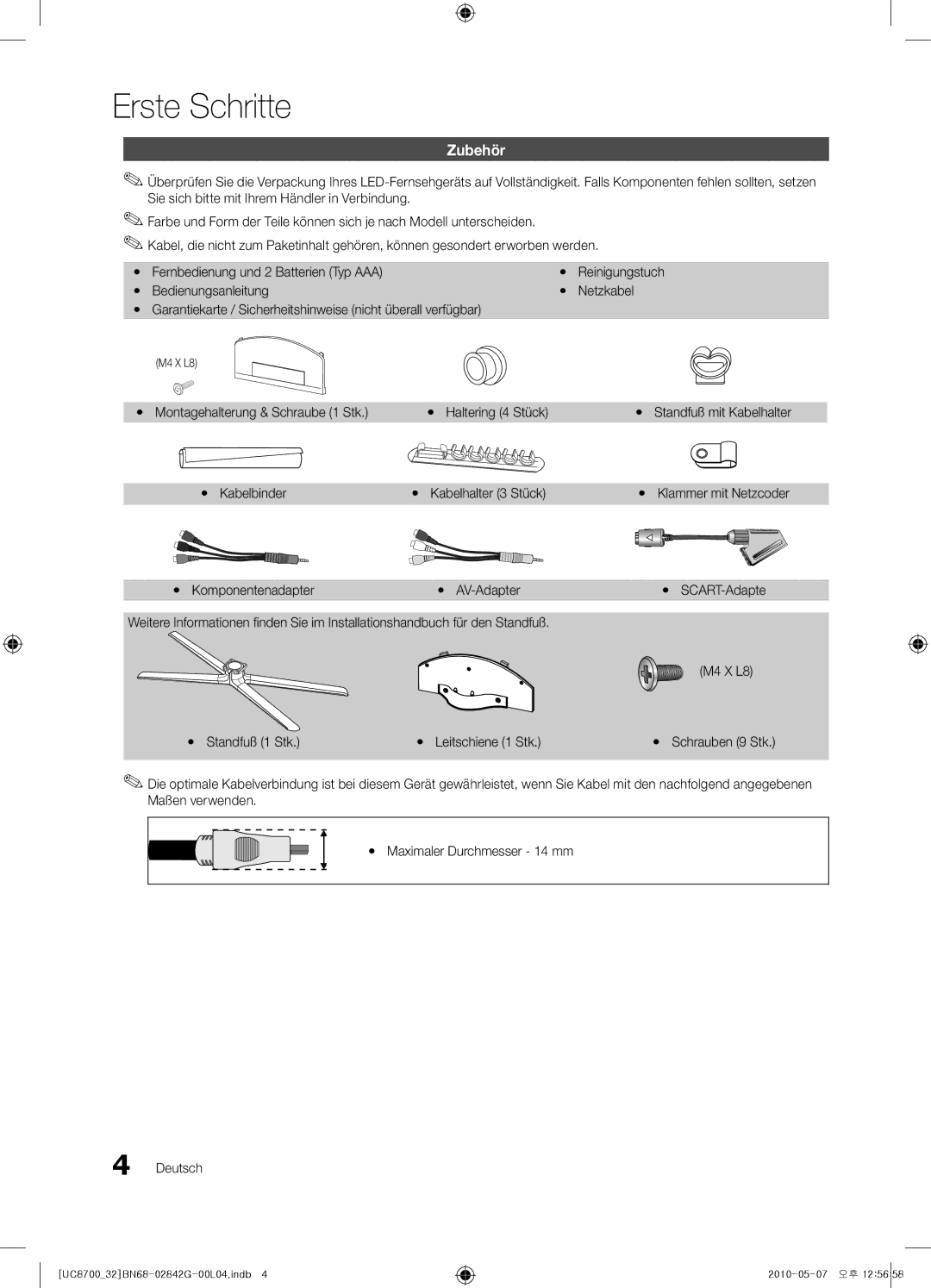 Samsung UE32C8700XSXZF, UE32C8700XSXXN, UE65C8700XSXZF manual Erste Schritte, Zubehör 