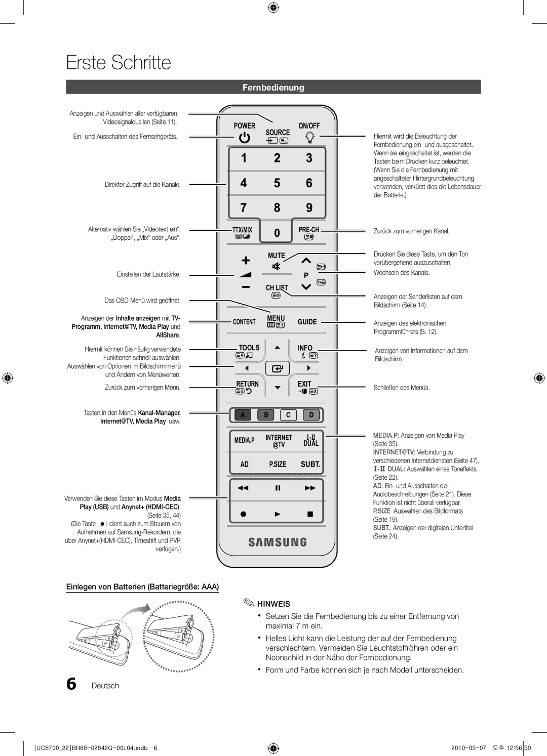 Samsung UE65C8700XSXZF, UE32C8700XSXXN, UE32C8700XSXZF manual Fernbedienung, Einlegen von Batterien Batteriegröße AAA 