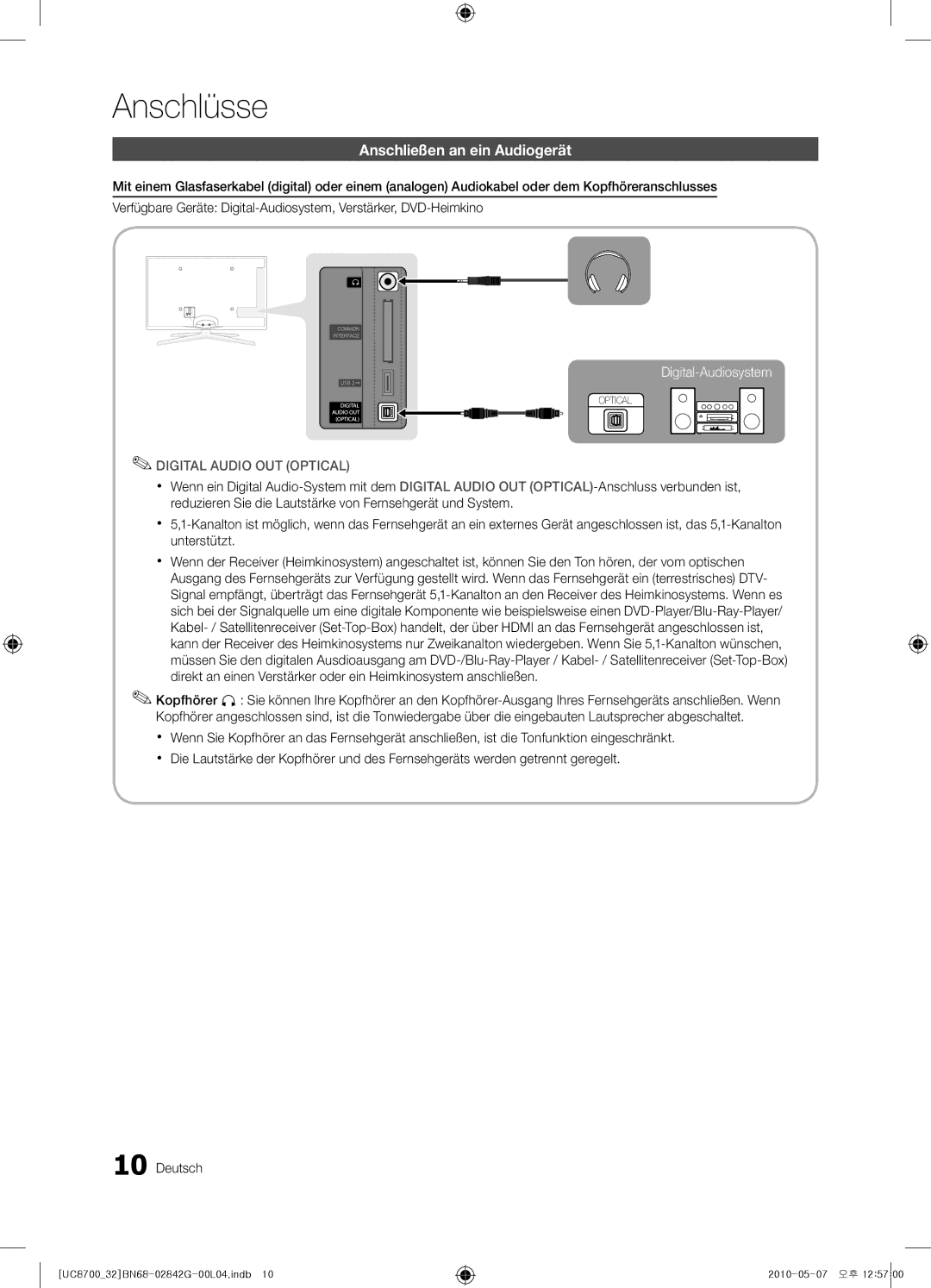 Samsung UE32C8700XSXZF, UE32C8700XSXXN, UE65C8700XSXZF manual Anschließen an ein Audiogerät 