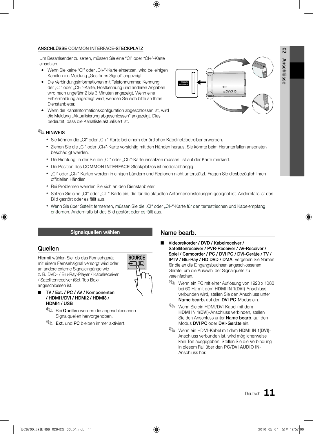 Samsung UE32C8700XSXXN, UE65C8700XSXZF, UE32C8700XSXZF manual Quellen, Name bearb, Signalquellen wählen 