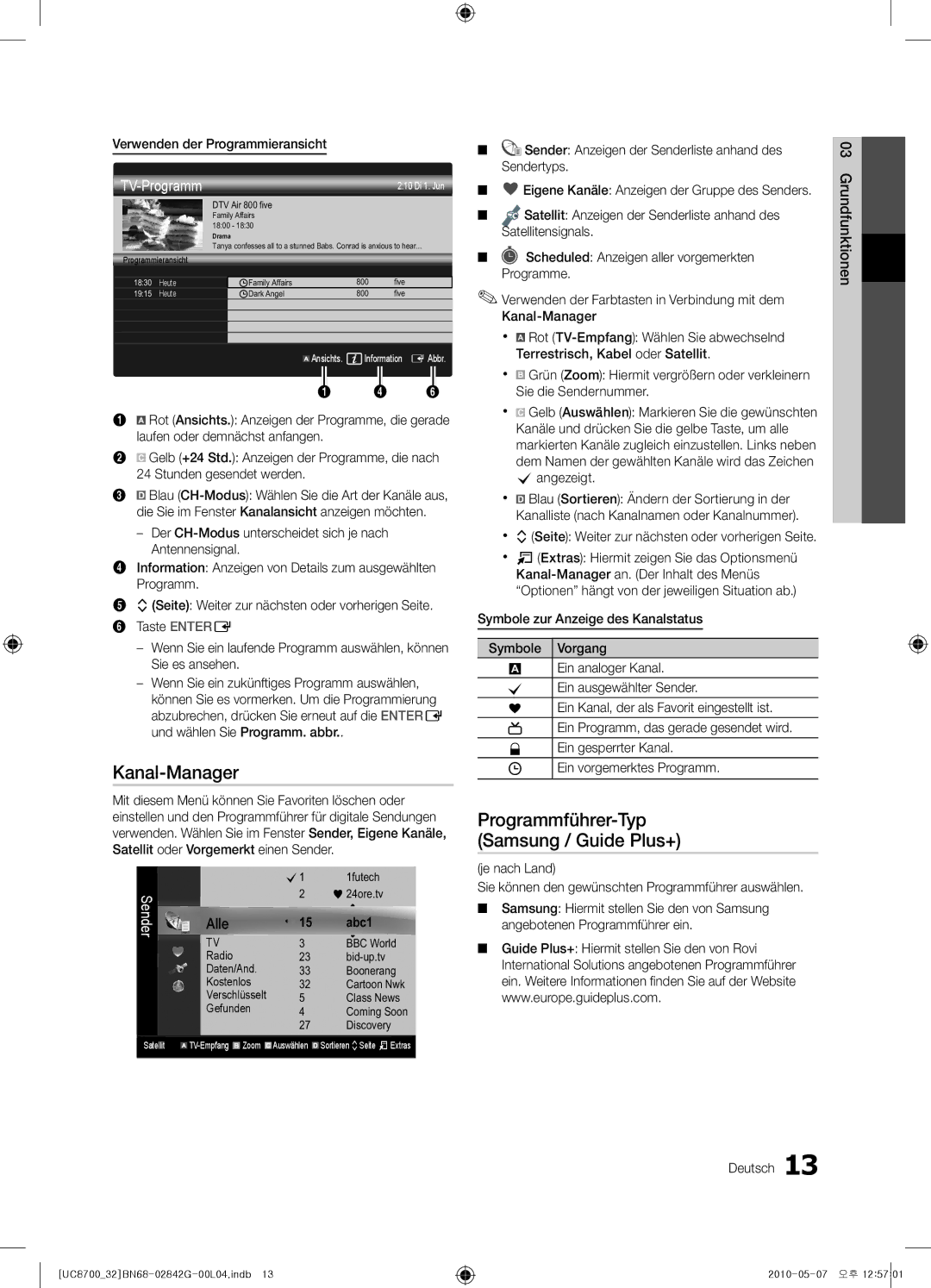 Samsung UE32C8700XSXZF manual Kanal-Manager, Programmführer-Typ Samsung / Guide Plus+, Verwenden der Programmieransicht 