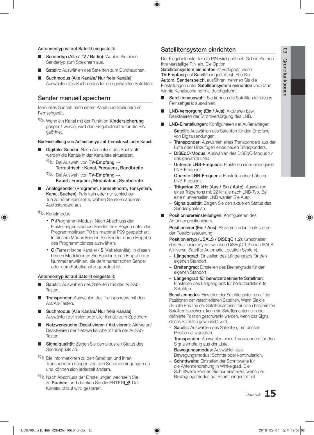 Samsung UE65C8700XSXZF, UE32C8700XSXXN manual Sender manuell speichern, Satellitensystem einrichten, Deutsch Grundfunktionen 