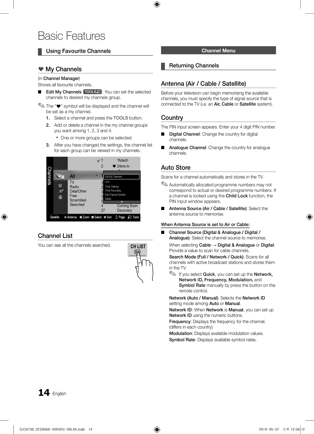 Samsung UE32C8700XSXZF, UE32C8700XSXXN My Channels, Channel List, Antenna Air / Cable / Satellite, Country, Auto Store 