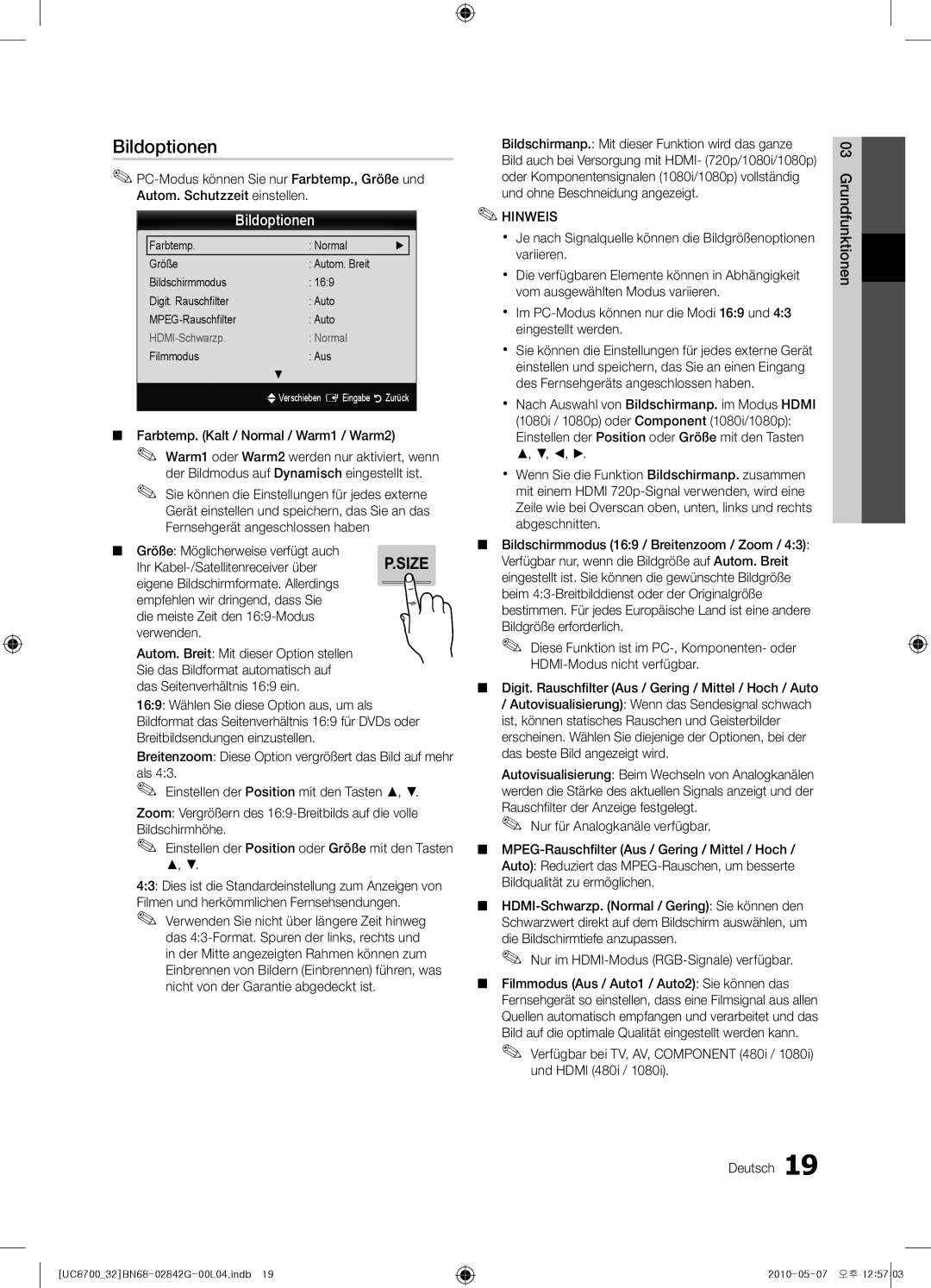 Samsung UE32C8700XSXZF, UE32C8700XSXXN, UE65C8700XSXZF manual Bildoptionen 