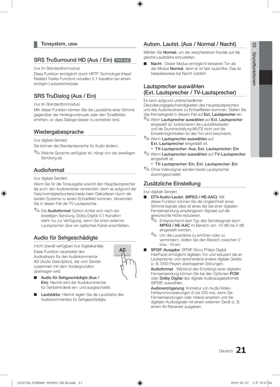 Samsung UE65C8700XSXZF manual SRS TruSurround HD Aus / Ein t, SRS TruDialog Aus / Ein, Wiedergabesprache, Audioformat 