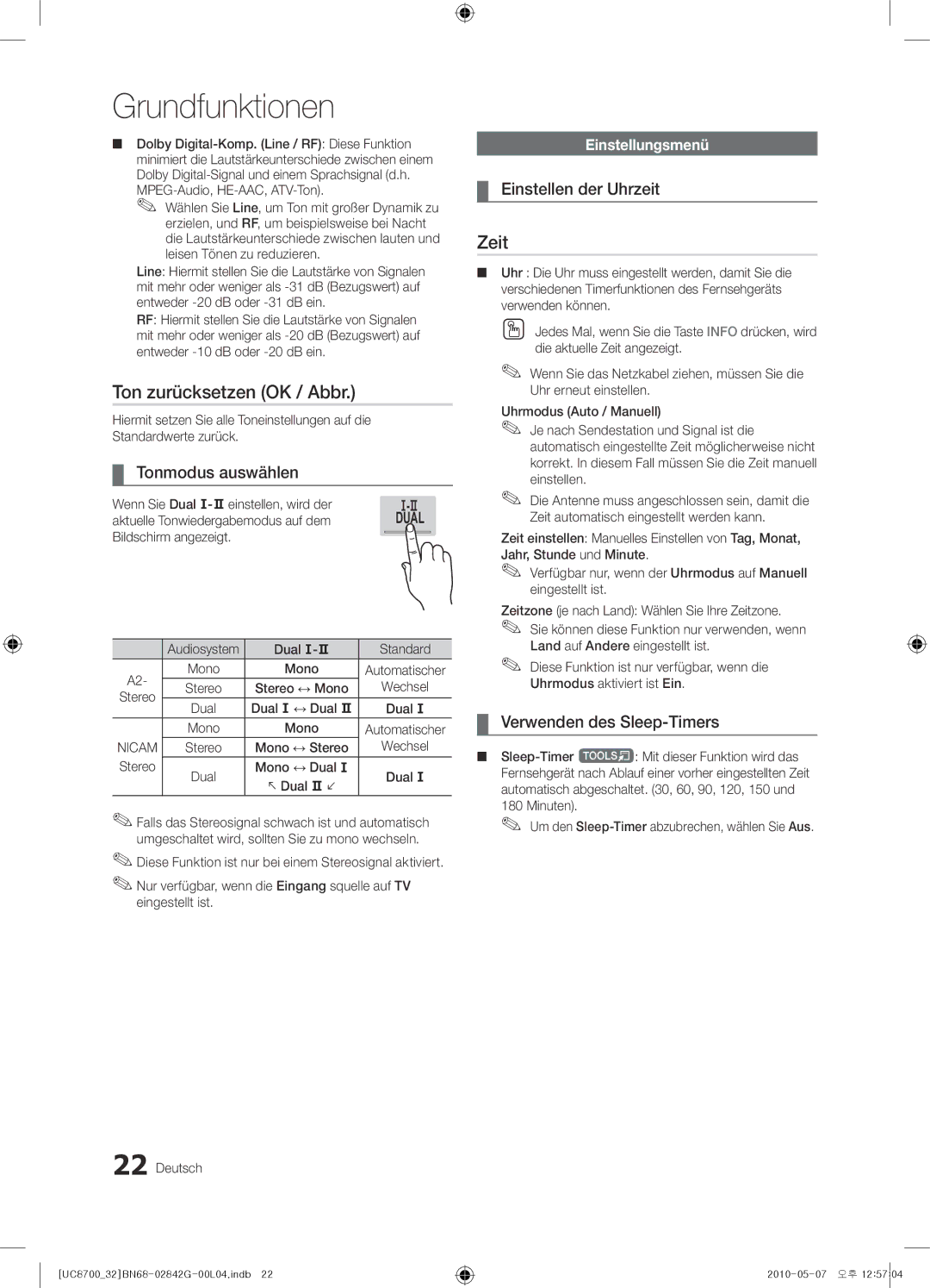 Samsung UE32C8700XSXZF, UE32C8700XSXXN manual Ton zurücksetzen OK / Abbr, Zeit, Tonmodus auswählen, Einstellen der Uhrzeit 