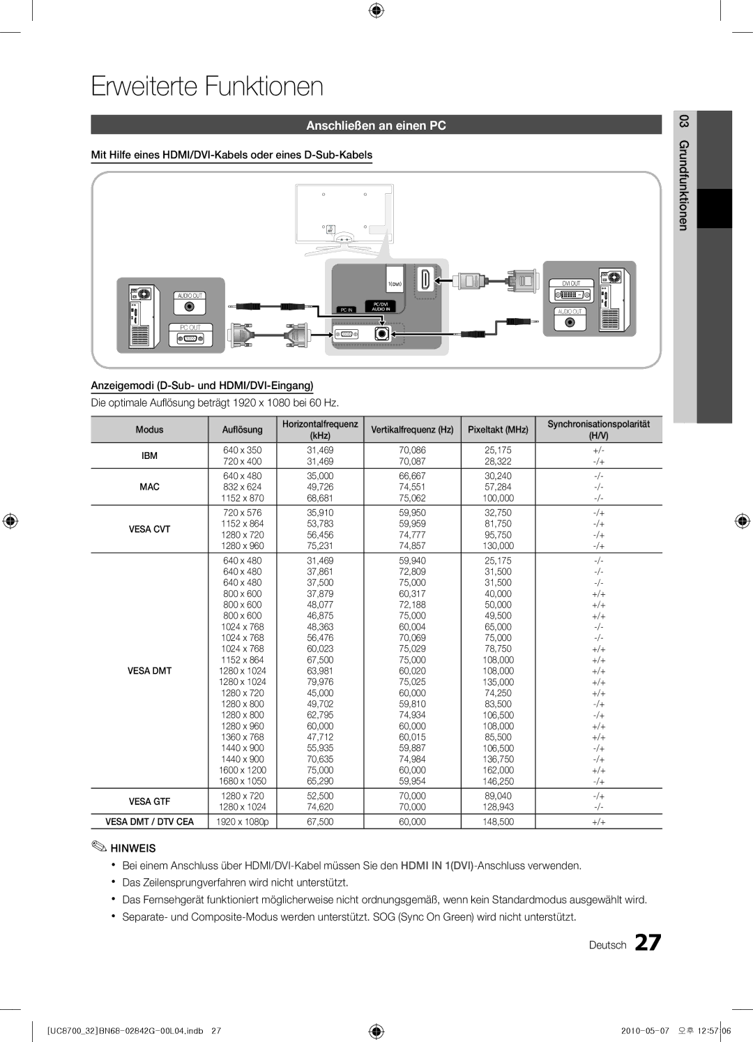 Samsung UE65C8700XSXZF, UE32C8700XSXXN, UE32C8700XSXZF manual Erweiterte Funktionen, Anschließen an einen PC 