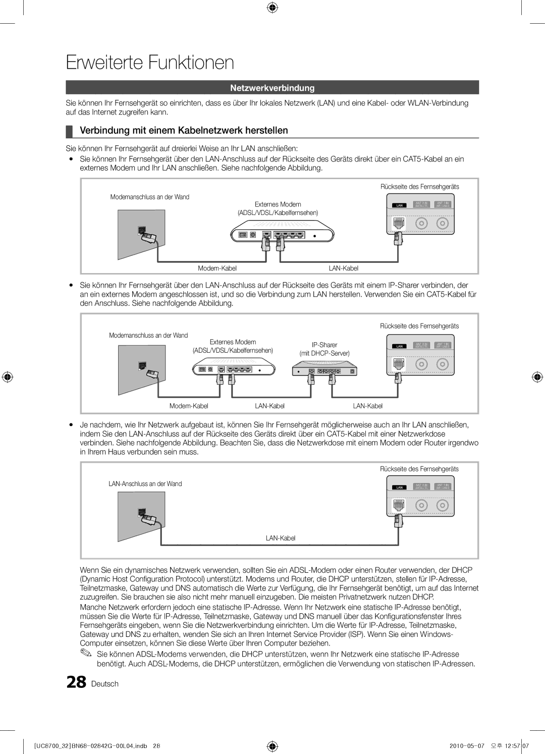 Samsung UE32C8700XSXZF manual Verbindung mit einem Kabelnetzwerk herstellen, Netzwerkverbindung, Modemanschluss an der Wand 